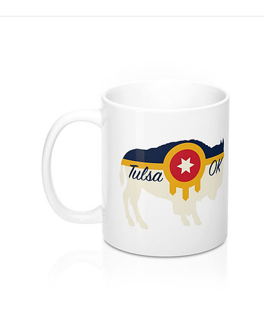 Cup with Tulsa flag and symbolic animal - buffalo may be overdone - working on scissortail flycatche